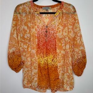 Figueroa & Flower Womens Blouse Orange Sheer 3/4 Sleeve See Through size small